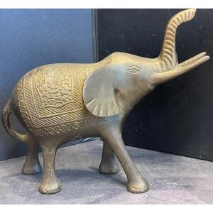 Vintage Brass Elephant Raised Tusk Etched Design Good Luck Strength Wisdom